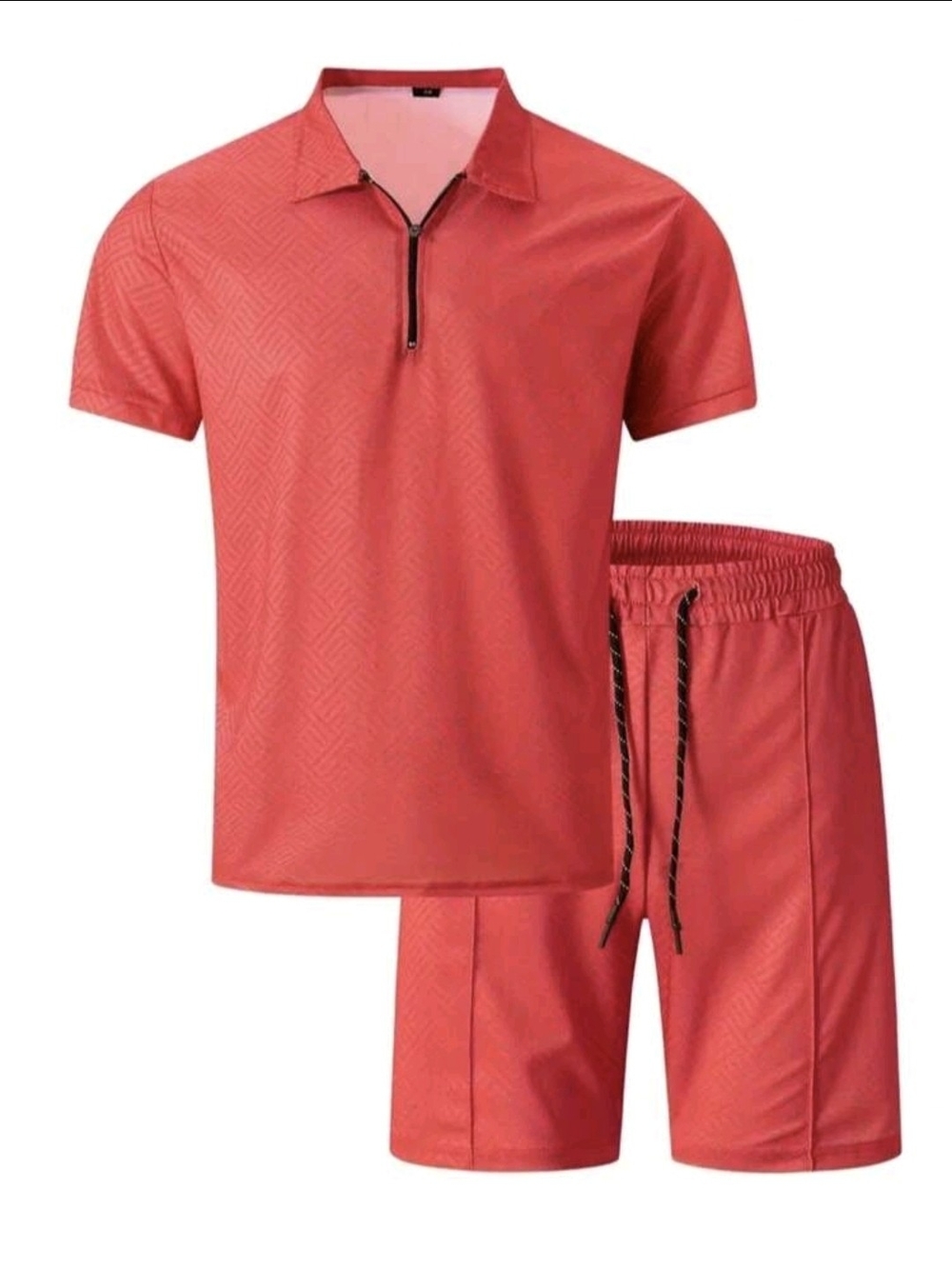 Men's Red Short Sleeve Zip Polo and Drawstring Shorts Set 4XL